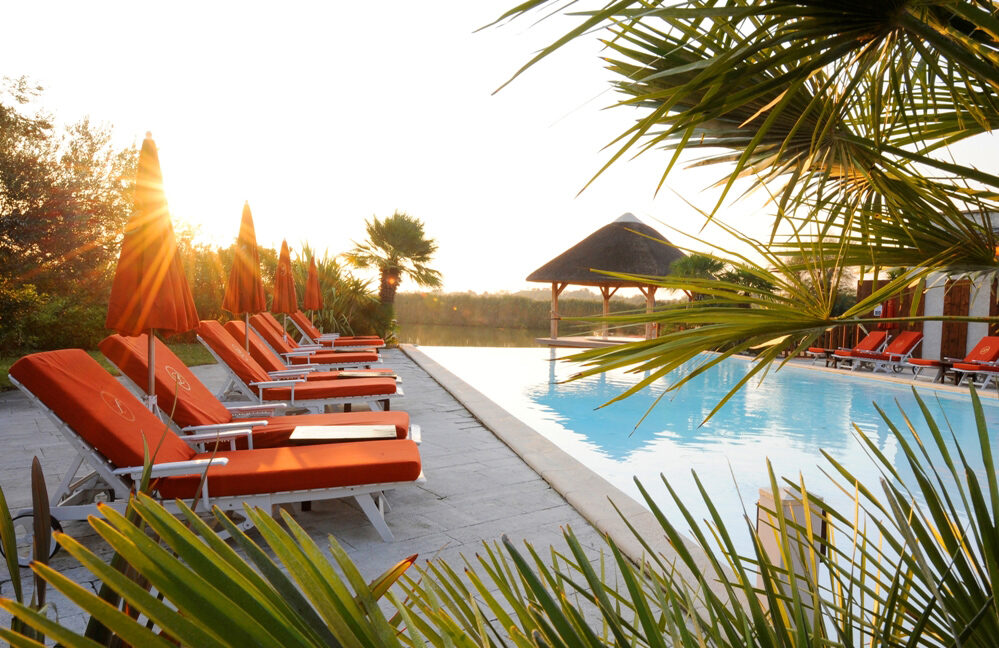 Vue de la piscine à débordement et chauffée de l'Estelle en Camargue